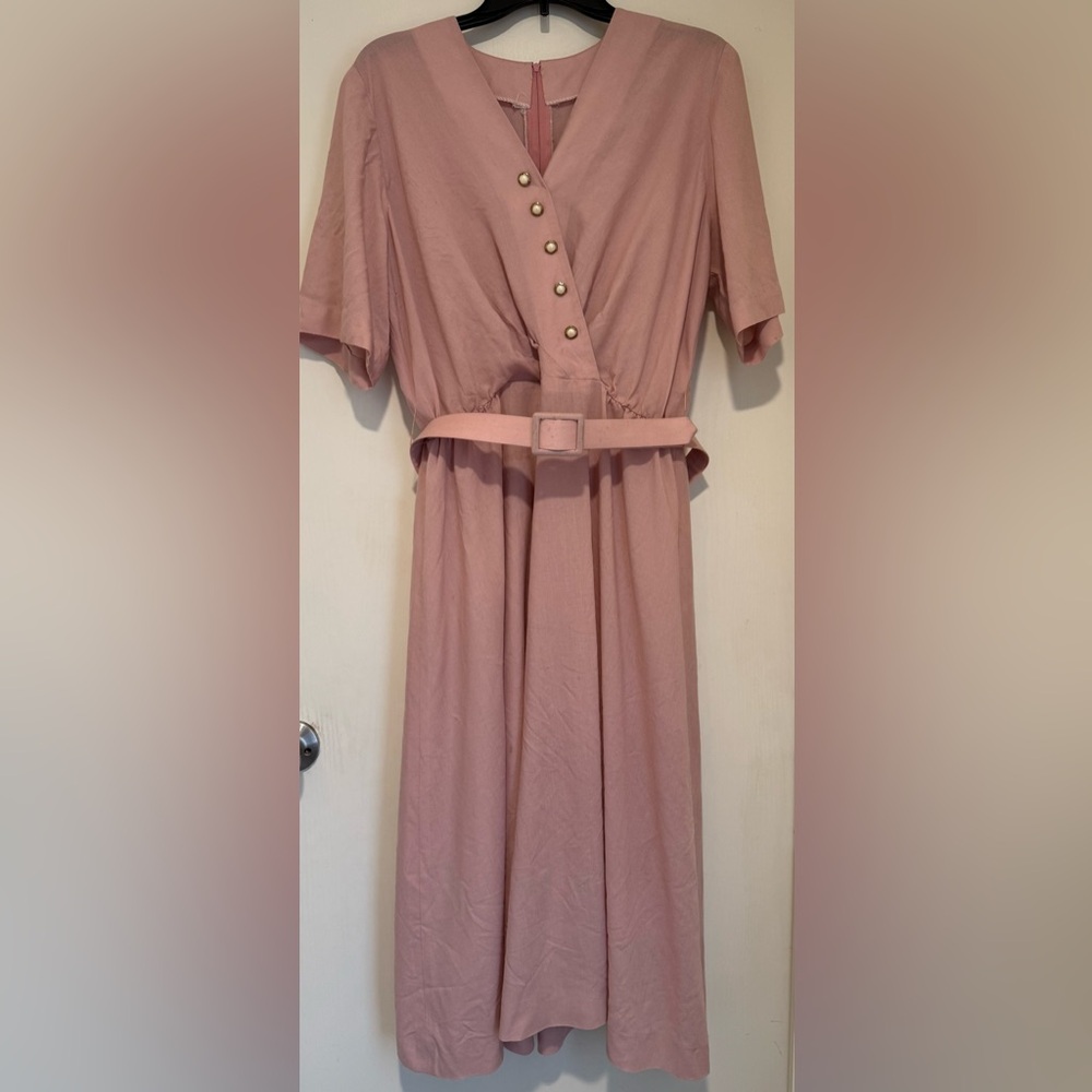 Elegant Blush Pink Belted Midi Dress